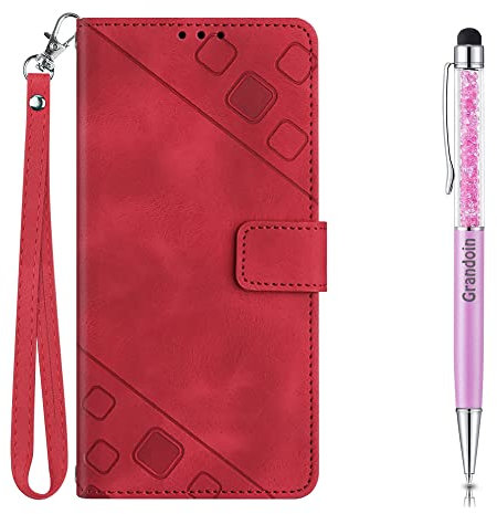 Grandoin Kompatibel mit Vivo Y17/Y15/Y12/U10/Y11/Y3 Hülle, Handyhülle Lederhülle Klappbar Handytasche Flip Case Cover Stoßfeste Klapphülle Tasche Magnet Kartenfach Standfunktion Schutzhülle (Rot)