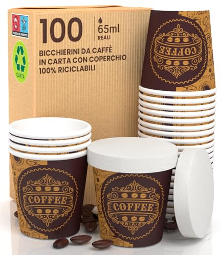 100 Bicchierini in Carta per caffè 65ml ASPORTO PubCUP con COPERCHIO in carta Bicchieri Ecologici Biodegradabili Monouso Piccoli Asporto Bevande Calde + 100 coperchi
