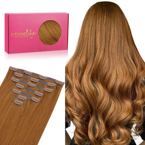 WENNALIFE Extensiones de Clip Seamless de Pelo natural, Jengibre Caoba 45cm 130g 7 Piezas Sin Costuras Extensiones Pelo Natural Clip Extensiones de Cabello Remy Humano Natural Invisible Clip In