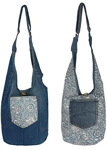 Sunsa Damen nachhaltige Hobo Tasche. Umhängetasche aus recycelte Jeans & Baumwolle. Boho Blumig Crossbody Bag Jeanstasche beidseitig verwendbar. (hell blau)