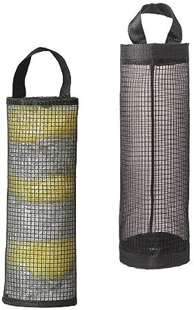 2Pcs Black Plastic Bag Holder,Hanging Garbage Bag Mesh Storage Bag Wall Mount Holder Dispenser,Foldable Mesh Hanging Storage Bag Dispenser Plastic Bag Dispenser for Home Kitchen Garbage Bag Storage