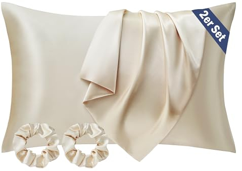 Seiwohl Satin Kissenbezug 40x60 2er Set, Weich wie Seidenkissenbezug Silk Pillowcase, Vegane Seide Kopfkissenbezug Kissenhülle Seidenkopfkissen für Haar und Haut mit 2 Haargummis, Beige