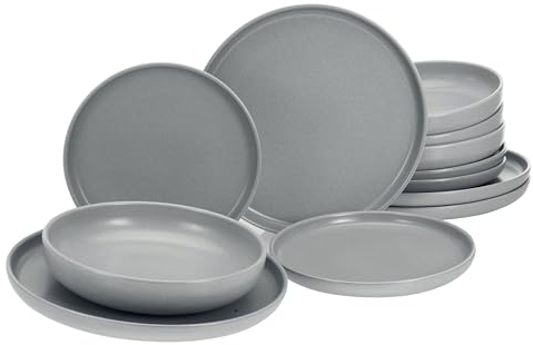 CreaTable, 23583, Serie Uno, 12-teiliges Geschirrset, Tellerset aus Steinzeug, spülmaschinen- und mikrowellengeeignet, Made in Portugal