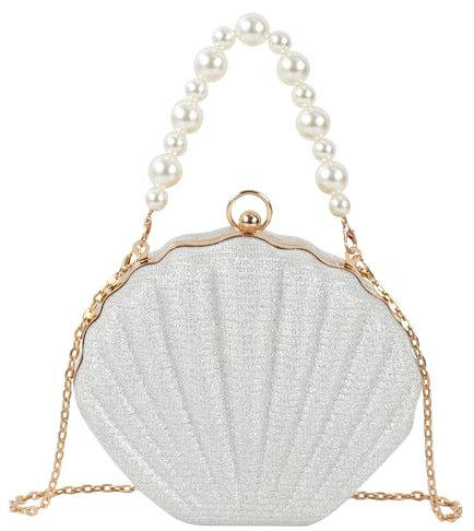 MilyaDE Damen Glitzer Muschel Clutch Acrylic Paillette Geldbörse Schultertasche Umhängetaschen Handtasche mit Perlen Metal Ketten 19,5 * 6 * 16,5cm, Silber