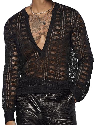 AIEOE Men's See Through Top Lace Shirt V Neck Lace Sheer Blouse Long Sleeve Mesh Shirts Sexy Gym Fishnet Lace Shirt