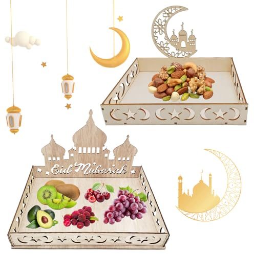 SPERMUOY Ramadan Teller 2 Stück Eid Mubarak Tablett,Ramadan tischdeko Holz Tablett Mond Stern Serviertablett für Süßigkeiten, Kuchen.
