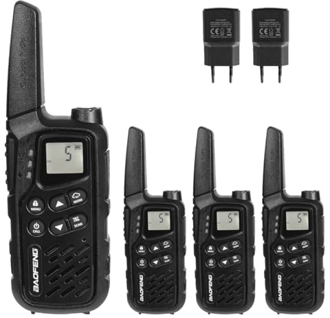 Baofeng PMR Funkgeräte, Lizenzfrei Walkie Talkie 16 Kanäle, Handfunkgerät mit großer Reichweite und Ohrhörer, für Camping, Wandern (Schwarz, 4 Stück)