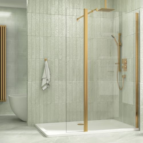 300mm Brushed Brass Wet Room Flipper Panel for Shower Screen - 8mm Easy Clean Glass
