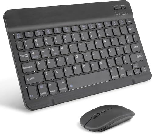 Teclado inalámbrico portátil, AIMMIE Rechargeable10 Teclado Universal ultradelgado para Tableta con Mouse inalámbrico, pequeño Teclado inalámbrico para... (Negro)