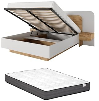 Vente-unique-Bett mit Bettkasten & Nachttischen 160 x 200 cm - Mit LEDs - Holzfarben und Weiß + Matratze - DESADO