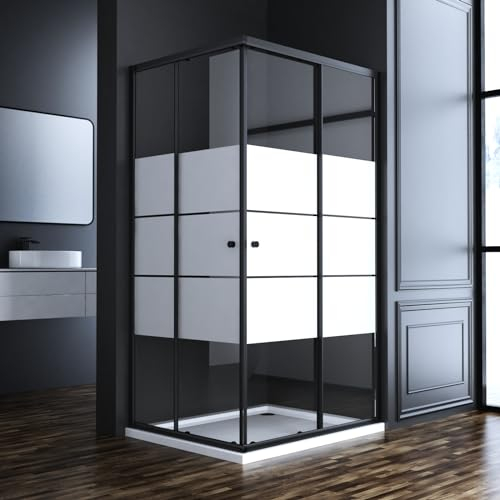 Duschkabine Schiebetür Schwarz Doppelschiebetür 100x100x185cm Gestreift Eckeinstieg Duschabtrennung 6mm Sicherheitsglas Schiebetüren Echtglas Duschtür Duschwand, Montage auf Duschwanne oder Fliese