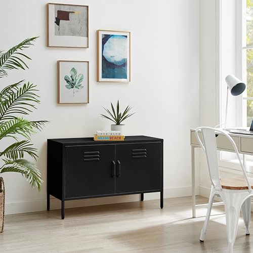 Furniturebox UK Black Metal 2 Door Sideboard - Teksi - Industrial Metal Locker Filing Style Cabinet - Living Room Bedroom Bathroom Office Storage - Drinks Cabinet - Modern Fun Design