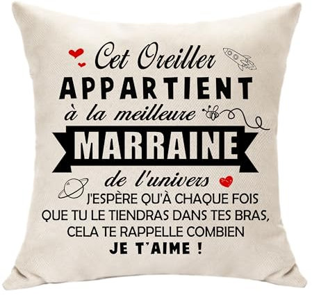 Hasodeo Housse de Coussin Décorative 45 X 45 - Le Meilleure Marraine de l'Univers - Idée Cadeau Original pour Baptême, Anniversaire, Communion