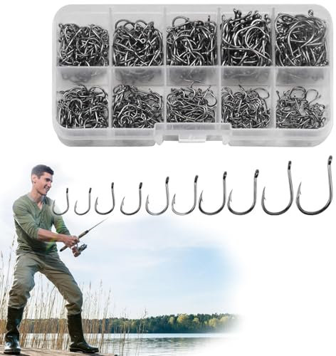 Esshogo 500 Stück Angelhaken, Dropshot Haken, Kohlenstoffstahl Angelhaken mit Kunststoffbox, 10 Größen, Fischen Zubehör, Haken mit Öse, geeignet für See, Fluss, Meer