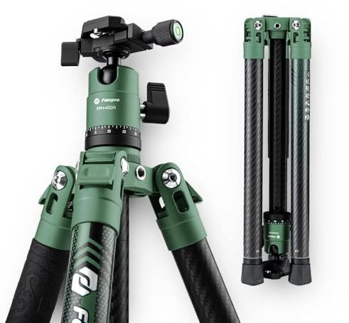 Fotopro Carbon Fiber Tripod for Camera 2lbs Ultralight 62 Inch Travel Camera Tripod Max Loads Up 22lbs X-Aircross 3 Green