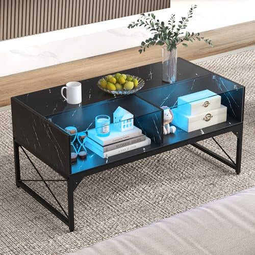 COSTWAY LED Coffee Table, High Gloss Cocktail Center Table with RGB Light Colors, Tempered Glass Top and 4 Storage Shelves, Rectangle Modern Faux Marble Smart Tea Side Table for Living Room (Black)