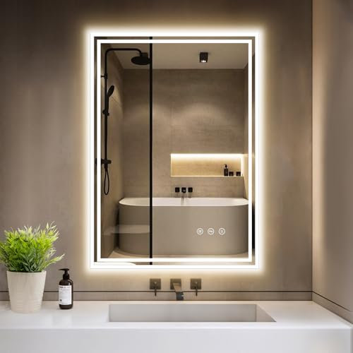 GIMBELEN Badspiegel mit Beleuchtung 50x70cm, 3 Lichtfarben Dimmbar LED Spiegel Bad, Anti-Beschlag, Badezimmerspiegel mit Beleuchtung Rechteckig, Touchschalter, Explosionsgeschütztes Glas