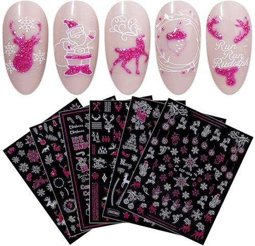 JMEOWIO 9 Sheets Christmas Pink Glitter Nail Art Stickers Decals Self-Adhesive Snowflake Winter Holiday Nail Supplies Nail Art Design Decoration Accessories