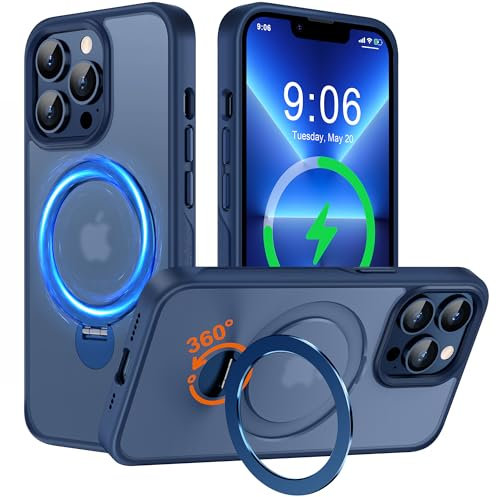 Derwav Multi-in-1 [Magnetic+ Kickstand+ Ring Holder] for iPhone 13 Pro Max Case, Compatible with MagSafe, 360° Rotatable Stand with Military Shockproof Silicone Frame Protection Magnetic Cover, Blue