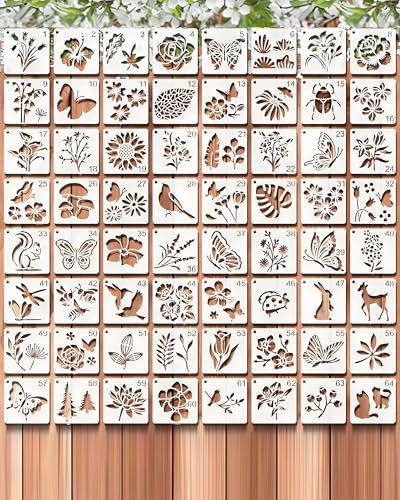 Lot de 64 pochoirs réutilisables 7,6 x 7,6 cm – Pochoirs peinture en plastique pour bricolage, meubles, bois, textile, sol, scrapbooking et artisanat, motifs fleurs et feuilles