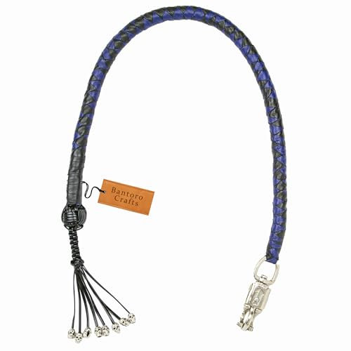 Bantoro Crafts Cravache de motard de 106,7 cm pour moto – Accessoire de guidon en cuir véritable avec boucle à dégagement rapide, équipement de motard haute visibilité (noir et bleu)