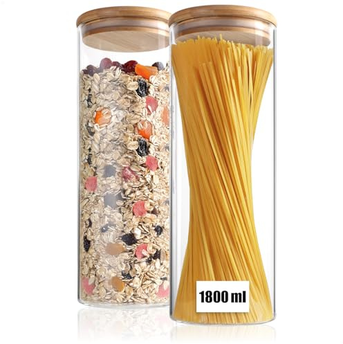 com-four® 2x Vorratsgläser 1800ml aus extra dickem Glas mit Bambusdeckel | Luftdicht & langlebig - Stylische Aufbewahrungsdosen für Küche - Meal Prep & nachhaltiges Leben
