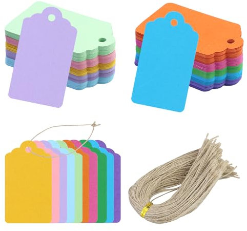 Geschenkanhänger Kraftpapier Anhänger Etiketten 7x4 cm, 200 Stück Tags und 200 Stück Juteschnur, für Basteln Weihnachts Hochzeits Geschenke (10 Farben)