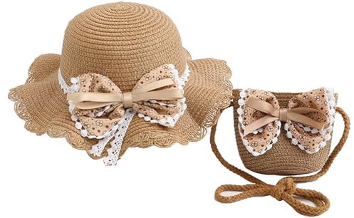 YJZQ Chapeau de Paille Ensemble Chapeau Soleil et Sac Capeline de Plage Style Princesse nœuds Papillon Adorable 50-52cm Casquette Souple Grand Visière Respirant pour Voyage