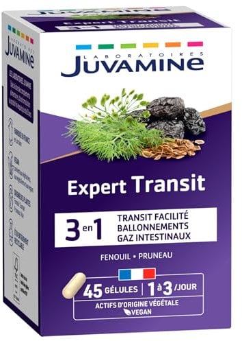 JUVAMINE - Expert Transit 3-en-1 - Transit facilité - Ballonnements - Gaz Intestinaux - Inconfort digestifs - Fenouil - Pruneau - 45 gélules - Fabriqué en France