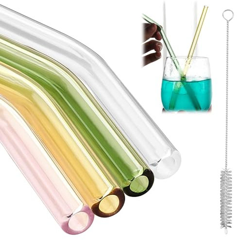 Juego de 4 pajitas de vidrio de colores, reutilizables, curvas y con 1 cepillo de limpieza, ecológicas y sin BPA para cócteles, batidos y zumos.