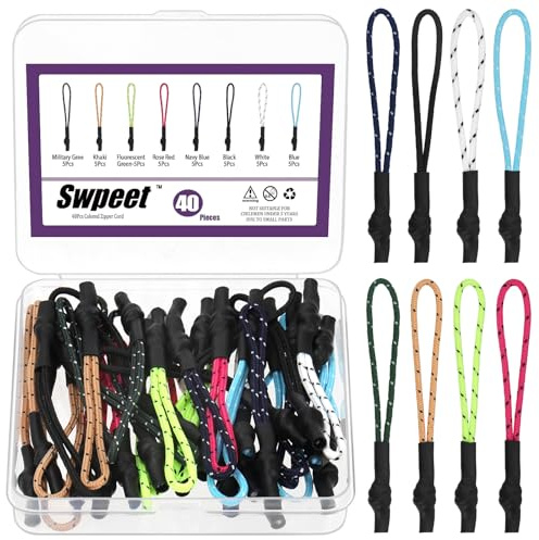 Swpeet 40pcs 8 Farben Reißverschluss Ziehen, abnehmbare Reißverschluss Tags, Nylon Cord Reißverschlüsse Tags Erweiterung Ziehen, Fixer Cord Reißverschlüsse Tags Ersatz für Rucksäcke, Jacken, Gepäck