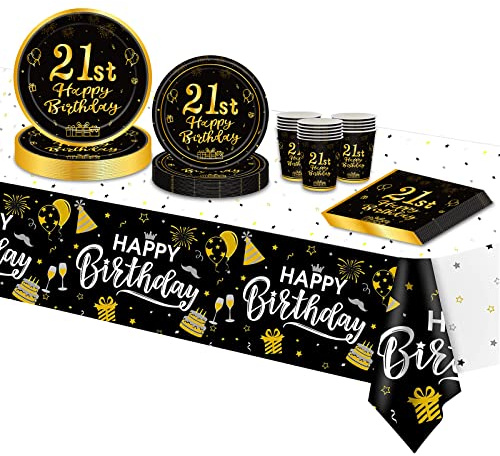 MAGLAUG 21st Birthday Decorations Party Supplies Tableware Set, Black Gold Disposable Paper Party Plates Cups Napkins Tablecloth Happy 21st Birthday Decorations for Boy Girls Men Women 16 Guests