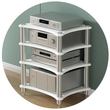 HiFi-Lautsprecherregal mit 3 Ebenen, AV-Geräteschrank und TV-Ständer für Verstärker, weiß, 60 x 48 x 85 cm, stabile Entertainment-Center-Möbel für Heim-Audio-Systeme
