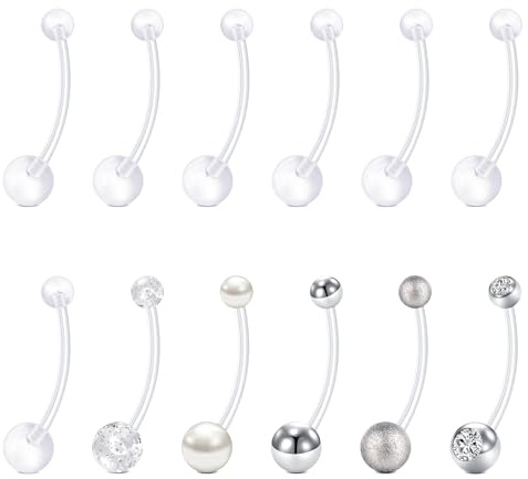 FECTAS Bauchnabelpiercings 6–32 mm Silber Edelstahl und Durchsichtiger Kunststoff Schwangerschafts Bauchnabelpiercing Hypoallergenes Kurzes und Langes Bauchnabel Piercing Schmuckstück