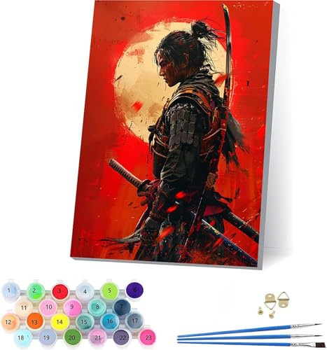 SamuráIs Japoneses Pintar por Numeros Adultos con Marco, Pintar por Numeros Katana, DIY Manualidades Adultos, Paint by Numbers Adult Kit con Pinturas Acrílicas y Pinceles, Regalo Mujer 30x40cm 4-7901