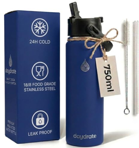 Insulated Metal Water Bottle with Straw 750ml- Stainless Steel Water Bottle, BPA Free, Dual Lid Straw & Spout, Leakproof, 24 Hours Cold & Hot, Work, Travel, Gym Bottle for Men & Women - Blue- Daydrate