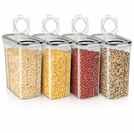 GREENSAPPIRE Cereal Storage Containers 4PCS 4L with Airtight Flip-Top Lids | BPA-Free Clear Plastic, Dry Food Organisation for Cereal, Pasta, Flour, Rice, Kitchen Cabinets, Pantry Shelves and Home Use