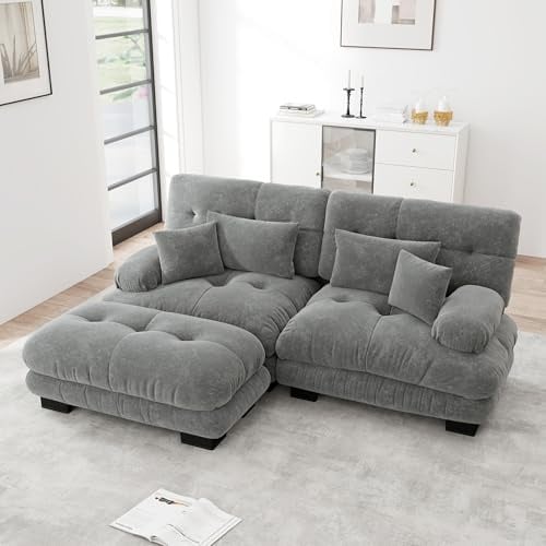 Muskel Modulares Cloud Ecksofa für Wohnzimmer, Chenille Doppelsofa mit Lendenkissen und Dekokissen, Polstersofa mit Breiten Armlehnen und Ottoman, (Grau, 2-Sitzer+1)