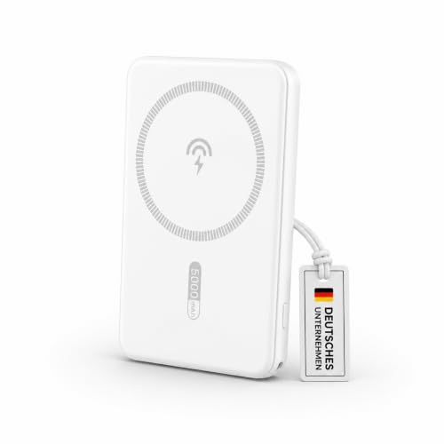 Powerbank für MagSafe, 10000mAh 22.5W Schnellladen Magnetische Power Bank Slim, Wireless Externe Akkupack mit USB-C-Kabel für iPhone & Samsung (Weiß, 5.000, Milliamperestunden (mAh))