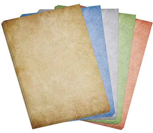 50 x Bastelpapier (A4) - Vintage Mix (rot grau blau beige-braun grün) Buntes Design Papier Set zum Bedrucken für Drucker beidseitig bedruckt zum DIY Basteln Schatzkarte EInladung Retro alt bedruckt