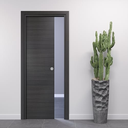 Porte Italiane, Porta Scorrevole Interno Muro, Porta a Scomparsa in Legno, Telaio in HDF e Coprifili Waterproof, Colore Rovere Grigio, 60x210 cm, con Serratura Cromo Satinato