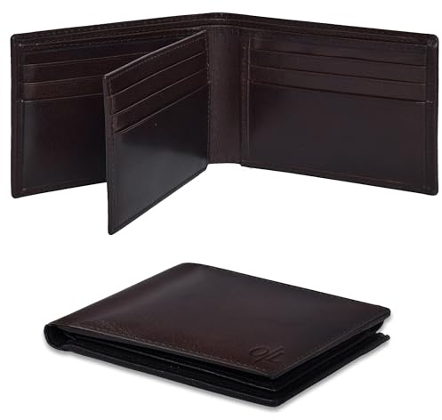 Real Leather Bifold Wallet for Men - Wallets with 9 Credit Cards 1 ID Window Slim Minimalist Front Pocket Billfold (Chocolate)