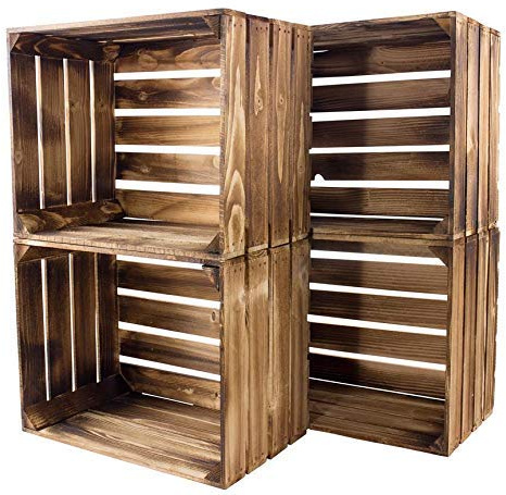 Kontorei® Flamed / Brown Apple Crates, 50 cm x 40 cm x 30 cm, Set of 12 Wooden Wine & Fruit Crates