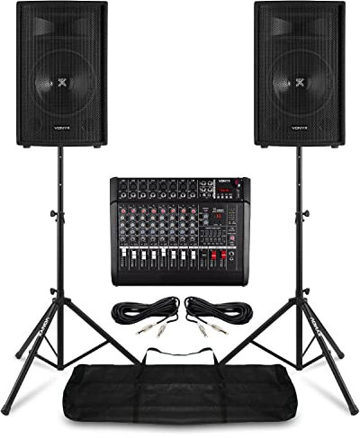 VONYX Live Band PA System Package with 12 Passive Speakers, AM8A 8-Channel Powered Mixer Amplifier, Speaker Stands & Cables – Ideal for Bands & Singers, Bluetooth & DSP Mixing Capability