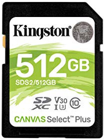 Kingston SDHC-Speicherkarte Canvas Select Plus, 512 GB, 100 MB/s, Leseklasse 10, UHS-I U1 V10, mit frustfreier Verpackung (SDS2/512GBET)