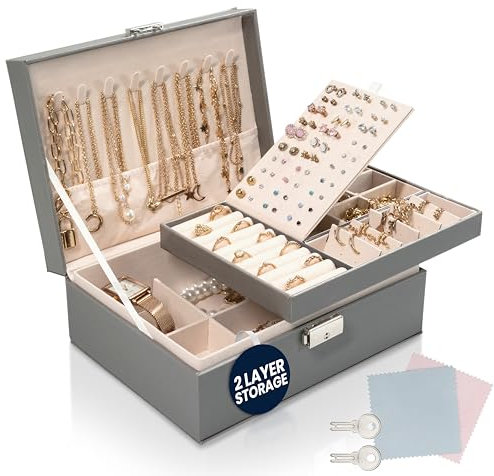 Sasha Morel 2-Layer Jewellery Box with Lock & Keys, Velvet Lined Travel Jewellery Box - Organiser - Necklace and Ring Storage, Gift for Girls and Women - Ideal for Home Accessories - Grey