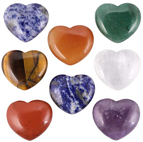 KYEYGWO Reiki Heilung Kristall Herz Edelstein Set, 8 Stück Poliert Pocket Palm Herzförmige Sorgen Stein Liebe Dekoration für Glücksbringer und Hochzeit