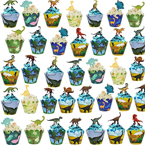 72 Stück Dinosaurier Cupcake Wrappers Dinosaurier Cupcake Toppers, VEGCOO Muffinform Papier Backen Dinosaurier Figuren, Kuchen Dekoration für Kinder Party Geburtstag Tortenheber Jurassic Park