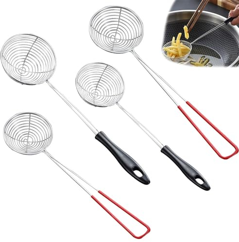 LATRAT 4 Uds colador de fondue de acero inoxidable, colador de araña, skimmer, espumadera, cuchara de araña, colador para cocinar verduras, setas, carne, pescado