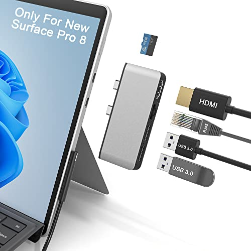 Surface Pro 8 Docking Station mit 4K HDMI Adapter+100M Ethernet LAN+USB 3.0 Anschluss* 2 + Micro SD(TF) Kartenleser USB C Hub Adapter für Microsoft Surface Pro 8